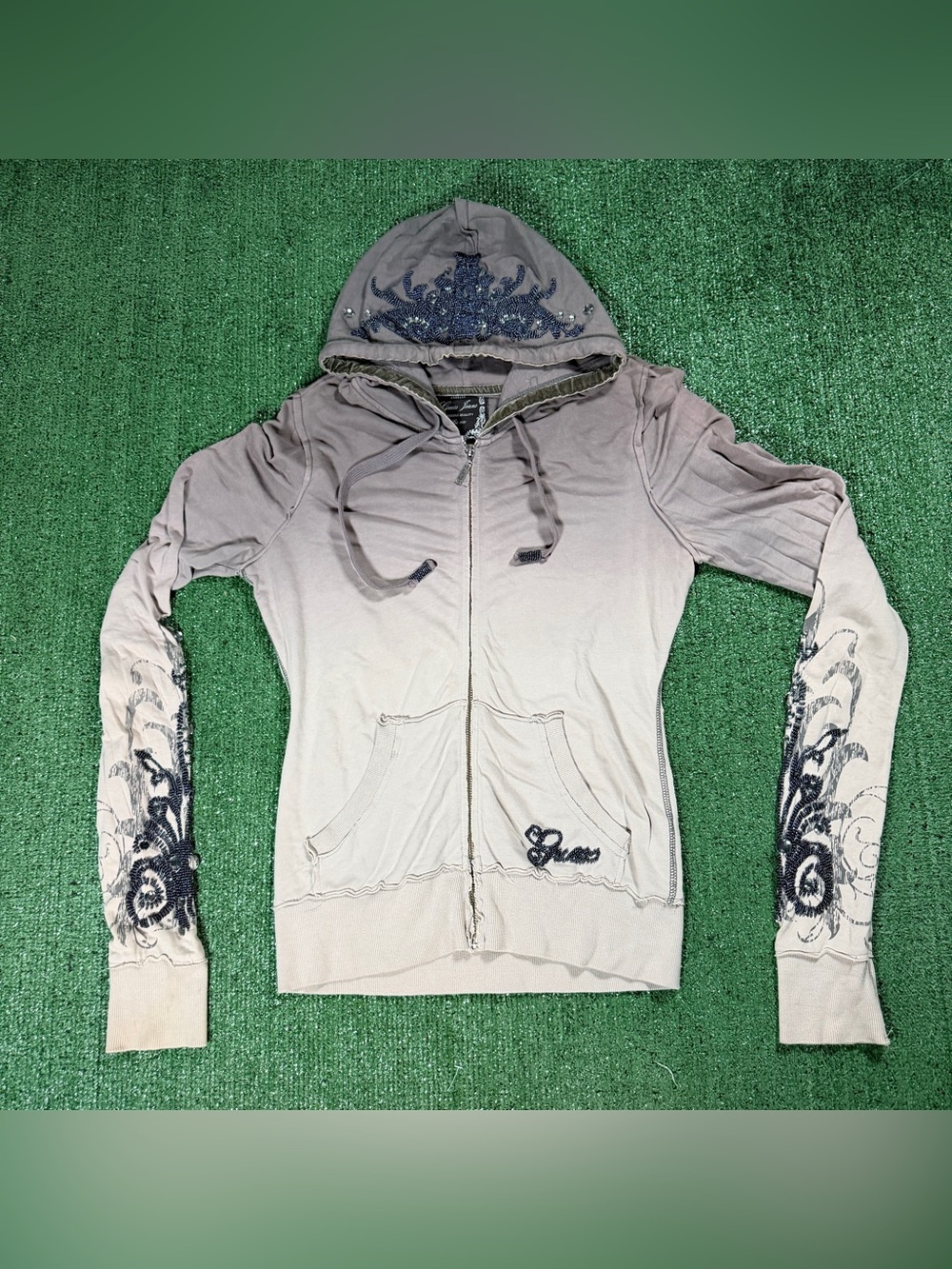Y2K Womens Guess Jeans Zip Up Hoodie Size Medium Ombre Beaded